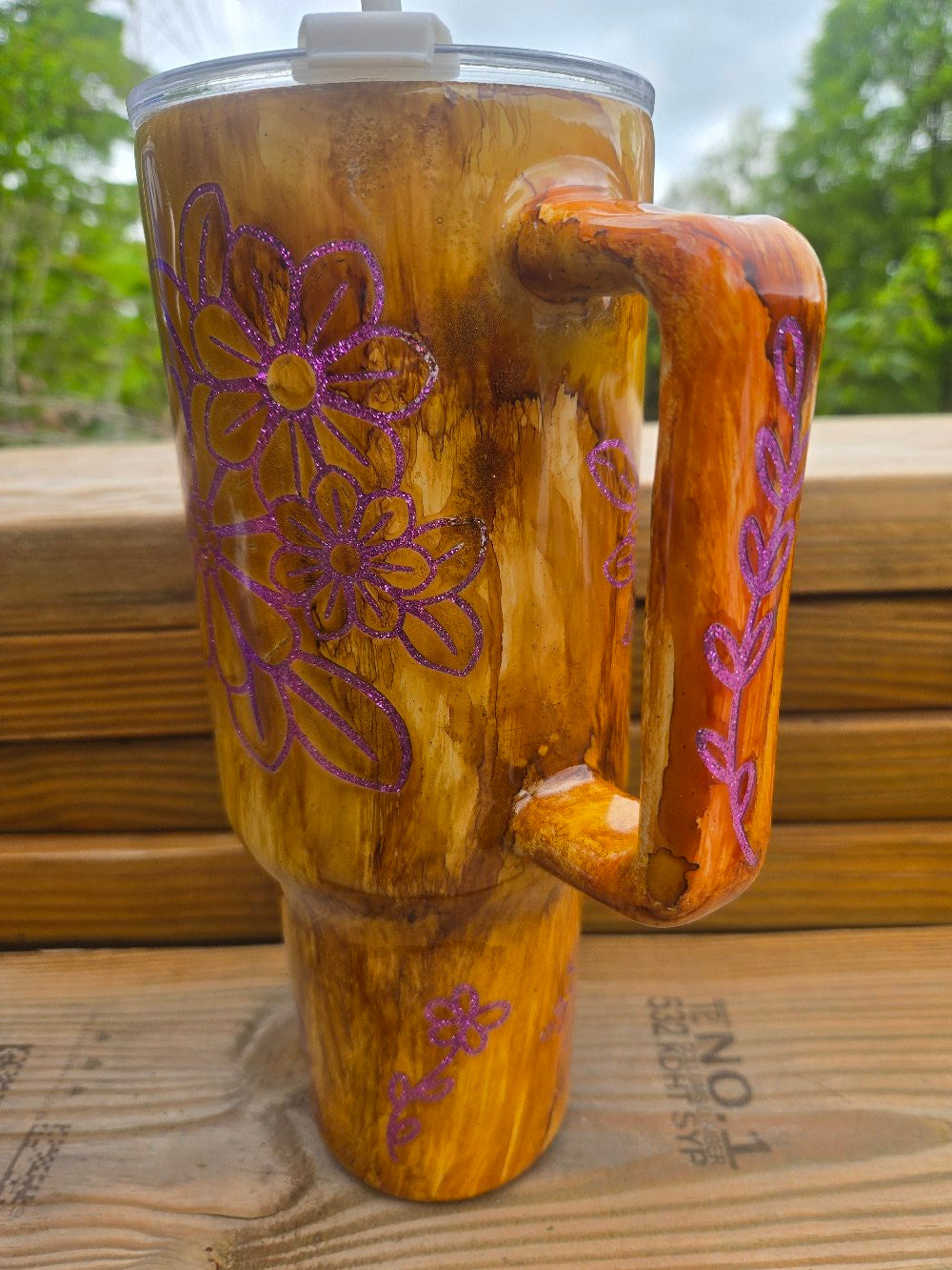 Purple Wood Grain, Tumbler with handle
